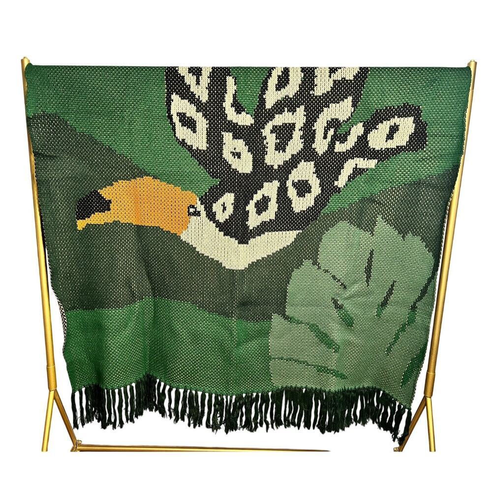NWT‎ Farm Rio Oh So Cozy Brazil Toucan Blanket 60 x 80 Green Acrylic Fringe